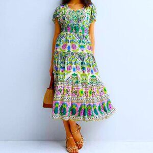 Farmers Market Maxi Prairie Dress Mediterranean Tiered V Neck Flutter Sleeves M